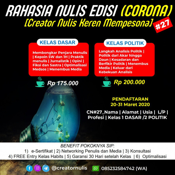 Pelatihan Nulis Online : Edisi (CORONA) Creator Nulis Keren Mempesona